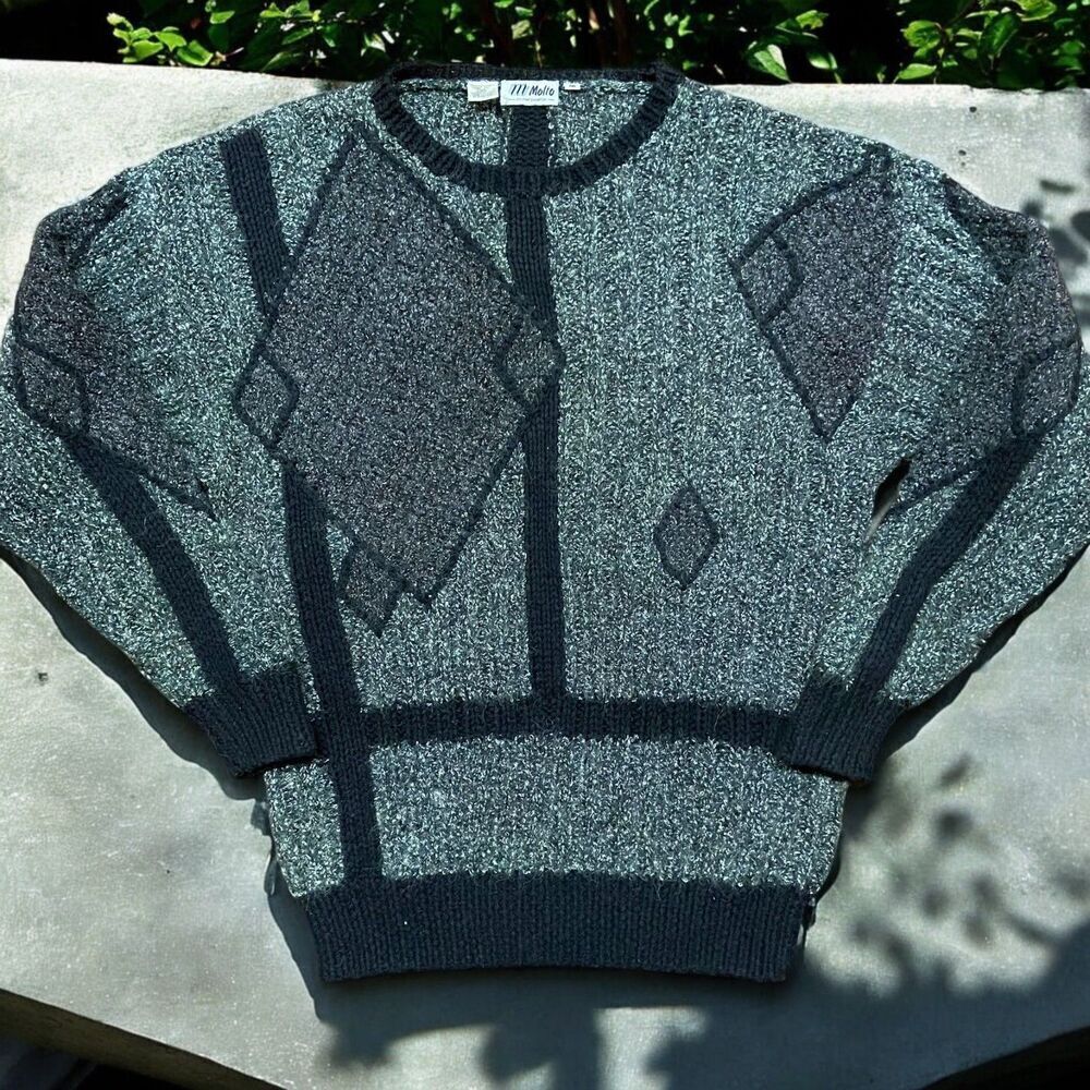 Molto Vintage 80s Abstract Grey Black Crewneck Pullover Sweater Mens Size Medium